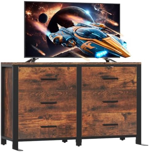 Rustic Brown Dresser for Bedroom, Wide Wood Dressers Furniture with 6 Wooden Drawer and Metal Frame, TV Stand with Deep Drawer (Rustic Brown) - Image 4