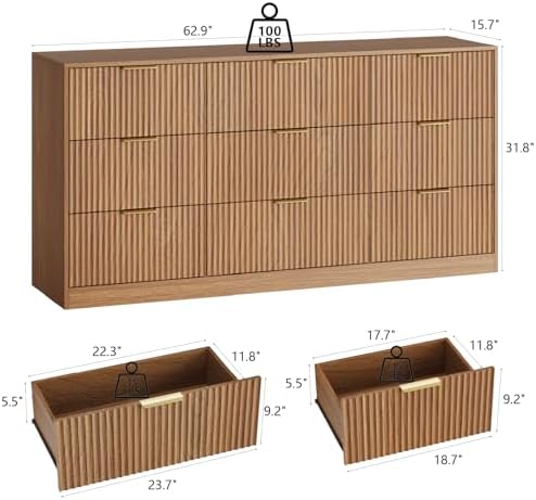 Natural Wood Dresser with 9 Drawer 63" Wide Fluted Dresser for Bedroom丨Long Dresser Modern Chest of Drawers with Gold Handle, Wood TV Stand Storage Organizer for Bedroom, Living Room, Natural Wood - Image 2