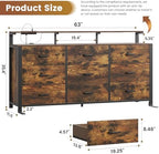 63'' Rustic Brown Dresser for Bedroom, 9 Drawer Dresser with Power Outlet and Led Lights, Bedroom Furniture with Wooden Drawer and Metal Frame, TV Stand with Deep Drawer Storage - Image 2