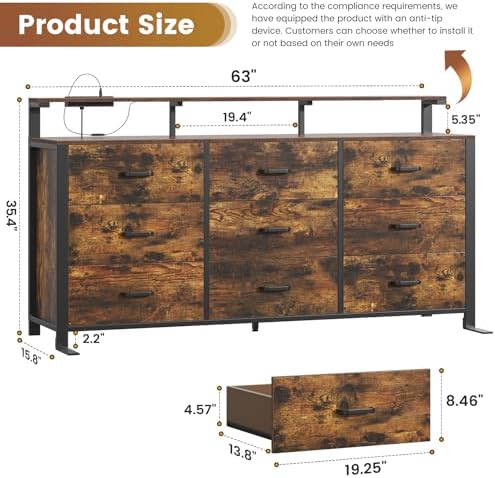 63'' Rustic Brown Dresser for Bedroom, 9 Drawer Dresser with Power Outlet and Led Lights, Bedroom Furniture with Wooden Drawer and Metal Frame, TV Stand with Deep Drawer Storage - Image 2