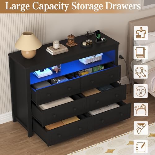 Wodeer Black Dresser 6 Drawer Dressers for Bedroom with LED Lights, Charging Station, Wood Chest of Drawers with Metal Handles, Modern TV Stand Storage Cabinet for Living Room, Hallway, Entryway - Image 6