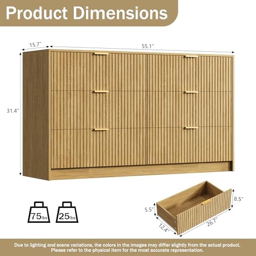 Furniway Mid Century Modern Dresser for Bedroom, 6 Drawer Wood Dresser with Fluted Front, 55.1" Wide Chest of Drawers for Living Room, Hallway, Natural Oak - Image 2