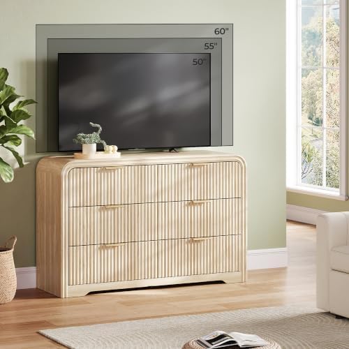 LINSY HOME 6-Drawer Fluted Dresser for Bedroom, Light Oak, Mid Century - Image 6