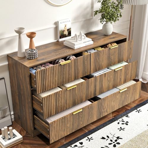 Walnut 6 Drawer Dresser for Bedroom, 55'' Wide Wood Chest of Drawers, Modern Fluted Bedroom Dressers with Drawers, Large Dresser TV Stand Mid Century Double Dresser for Living Room, Hallway - Image 5