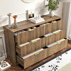 Walnut 6 Drawer Dresser for Bedroom, 55'' Wide Wood Chest of Drawers, Modern Fluted Bedroom Dressers with Drawers, Large Dresser TV Stand Mid Century Double Dresser for Living Room, Hallway - Image 5