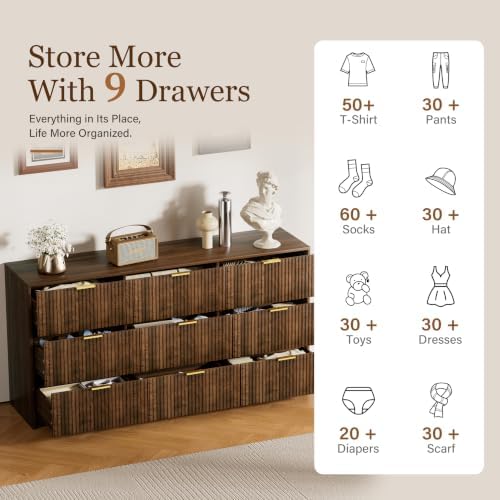 Furniway Walnut Dresser for Bedroom, Modern Dresser with 9 Drawers and Smooth Slides, Wide Chest of Drawers with Golden Handles for Bedroom, Living Room, Closet, 15.7" D x 63" W x 31.5" H - Image 5