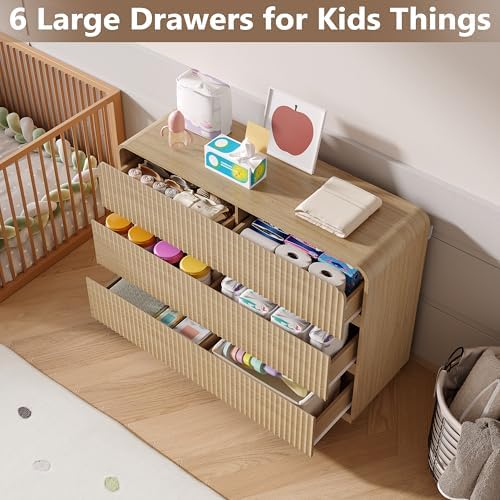 BORNOON Dresser for Bedroom with 6 Drawers, Fluted Chest of Drawers with Round Curved Corner, Hidden Handles, Modern Wood Storage Organizer for Bedroom, Nursery, Living Room - Image 3