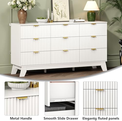 Wodeer 9 Drawer Fluted Dresser for Bedroom, Mid Century Modern Dresser with 9 Drawers, Dressers & Chests of Drawers with Metal Handle, TV Stand & Storage Organizer for Entryway, Hallway, White - Image 5