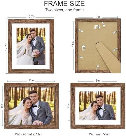 Hongkee 9x11 Picture Frame Set of 4, Made of Real Glass and Rustic Brown Frame - Display Picture 7x9 with Mat or 9x11 Without Mat, 9 by 11 Photo for Wall or Tabletop - Image 2