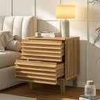 Wood Slat Nightstand, Natural Wood Textured Bedside Table with 2 Drawer Handle-Free Metal-Glide Drawer for Bedroom - Image 5