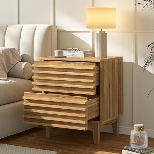 Wood Slat Nightstand, Natural Wood Textured Bedside Table with 2 Drawer Handle-Free Metal-Glide Drawer for Bedroom - Image 5