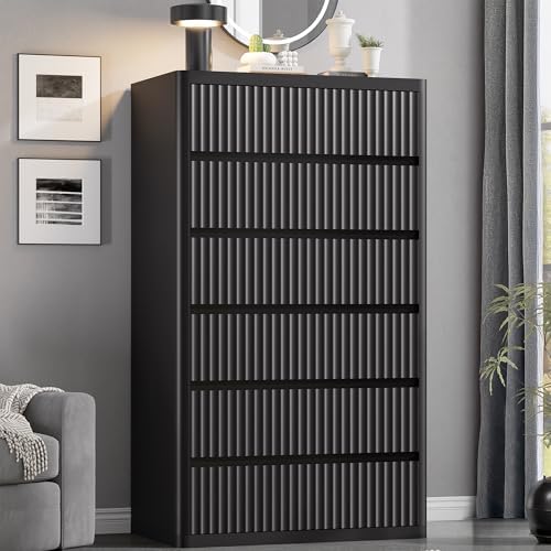 Standifurno Black 56" Tall Dresser for Bedroom, Fluted Modern 6 Drawers Deep Dressers, Wood Chest of Drawers with Handleless, Curved Profil Storage Closet Dressers for Bedroom, Living Room, Hallway by StandifurnoFurniture