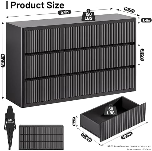 Standifurno Fluted 9 Drawers Dresser, 57" Wide Dresser for Bedroom, Modern Chest of Drawers with Curved Profile, Handleless, Wood Large Dressers TV Stand with Organizer Storage, Living Room, Black - Image 2