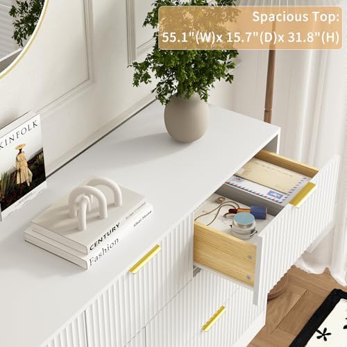 7 Drawer Fluted Dresser with Deep Drawers for Bedroom, White丨55 Wide Mid Century Dresser, Modern Chest of Drawers, Wood TV Stand Storage Organizer for Closet, Living Room, Hallway - Image 4