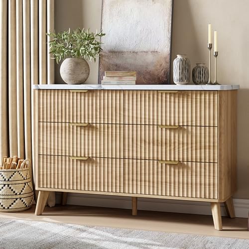 GarveeHome Fluted Dresser for Bedroom with 6 Deep Drawers, Natural Oak by GarveeHome