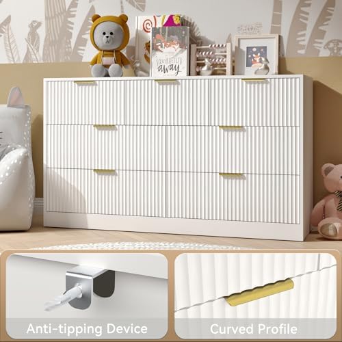 White Dresser with 7 Drawer 55" Wide Fluted Dresser for Bedroom丨Modern Chest of Drawer with Metal Handles, Wood TV Stand for Bedroom, Living Room, Entryway, Hallway, White - Image 6