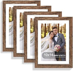 Hongkee 10x14 Picture Frame Set of 4, Made of Glass and Rustic Brown Wooden Frame, Display 8x12 Pictures with Mat or 30 x 40cm Diamond Painting Art without Mat for Wall Mounting, Gallery Photo Frames by Hongkee