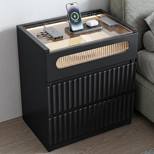Modern Nightstand with Charging Station,Fluted 3 Drawers Bedside,Black by SENLIN