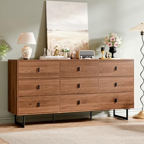 Chrangmay Modern Chest of Drawers with 9 Drawers,Deep Drawers,Clothes Organizer,Large Storage Cabinet for Living Room, Bedroom,Hallway,with Anti-Tipping Device, Caramel by Chrangmay