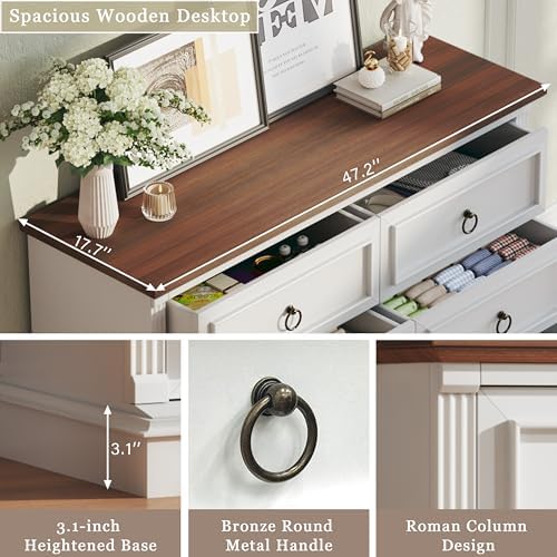 HUAHUU Farmhouse 6 Drawer Dresser for Bedroom, 47" Wide Chest of Drawers with Roman Column, White Wood Dresser with Antique Bronze Circle Handles, Storage Organizer for Living Room, Hallway, Entryway - Image 5
