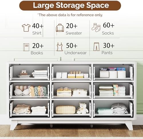 Bonnlo Fluted Dresser, 57" Wide Dresser Wood, Large 9 Drawer Dressers for Bedroom with Metal Handle, Wooden Dresser TV Stand, White - Image 6