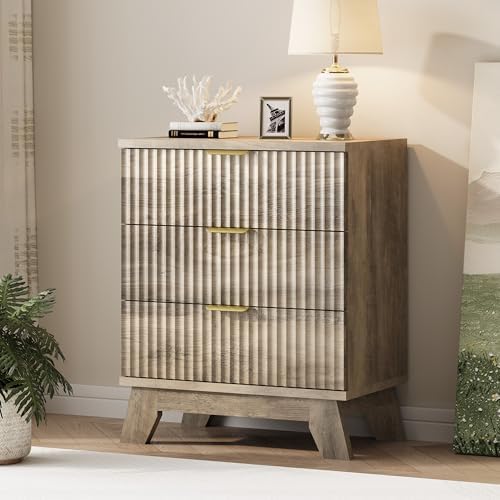 Xixini Fluted Dresser for Bedroom with 3 Drawers, 24" Wide Modern Chest of Drawers with Metal Handle, Wooden Dresser TV Stand, Wood Closet Clothes Storage Organizer for Living Room, Hallway, Grey by Xixini