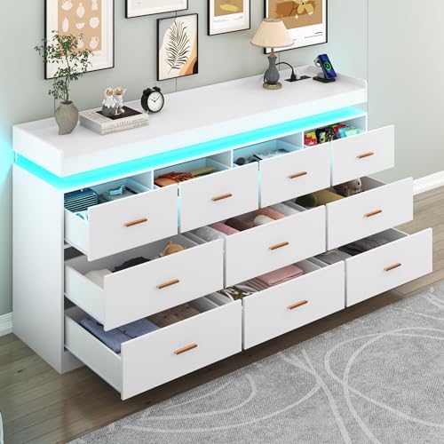 Hlivelood 10 Drawer Dresser with LED Light and Charging Station, Modern Chest of Drawers for Closet, Wide Drawer Organizer Cabinet for, Living Room, Entryway, Hallway, White - Image 3