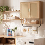 INNOD Rattan Bathroom Wall Cabinet with Towel Bar, Wall-Mounted Medicine Cabinet with Adjustable Wood Shelf & Doors, Over the Toilet Storage Cabinet for Laundry Room & Kitchen & Living Room - Image 7