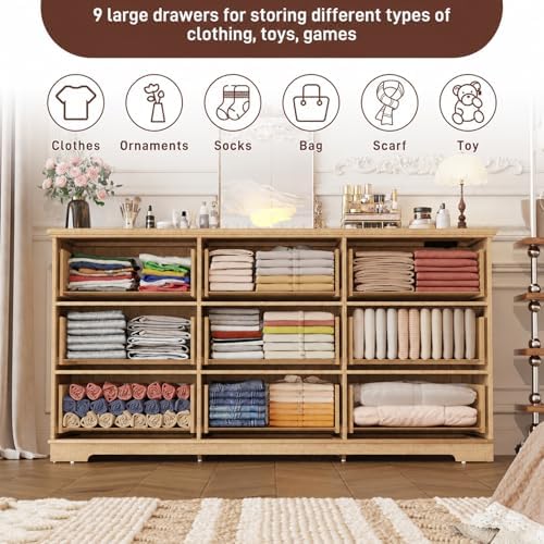 Fluted 9 Drawers Dresser for Bedroom, 63" Wood Dresser w/Power Outlet and Deep Drawers, Wide Chest of Drawers, Modern Closet Dressers for Living Room, Upgraded Version w/Wooden Drawers, Oak - Image 3