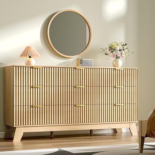 HUANLEGO Fluted Dresser for Bedroom with 9 Drawers, Oak - Image 2