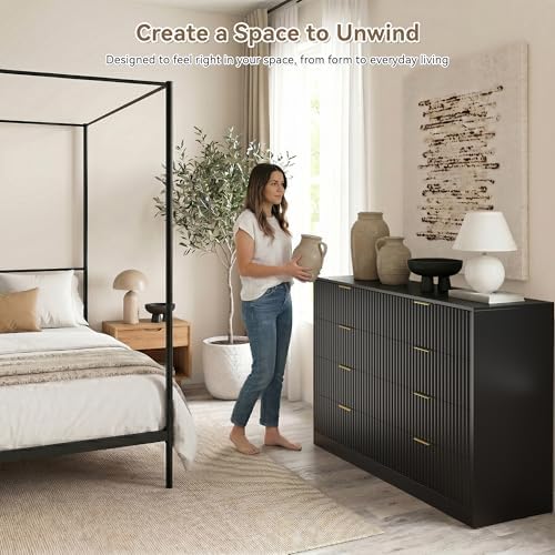 Black 8 Drawer Dresser for Bedroom, 55" Wide Fluted Chest of Drawers with Gold Metal Handles, Modern Wooden Dresser, Closet Storage Organizer Mid Century TV Stand for Living Room Hallway - Image 4