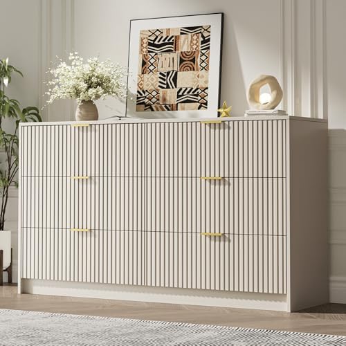 MAISONARIA 6 Drawer Dresser for Bedroom, 55" Wide Modern Chest of Drawers with Gold Metal Handles, Fluted Wood TV Stand for Living Room, Hallway(Beige) by MAISONARIA