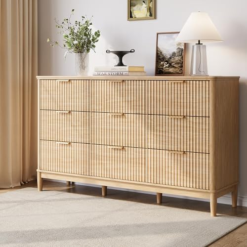 LINSY HOME Fluted Dresser for Bedroom with 9 Drawers, 58" Wide Mid Century Modern Dresser, Tall Boho Chest of Drawers, Large Wood Accent Storage Cabinet for Living Room, Curved Profile Design, Oak by LINSYHOME
