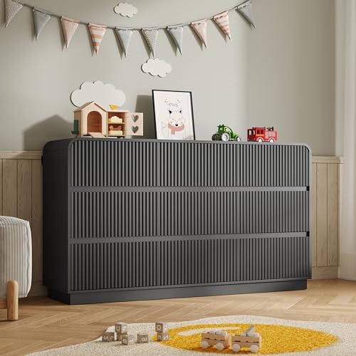 BORNOON Dresser for Bedroom with 9 Drawers, Fluted Chest of Drawers with Round Curved Corner, Hidden Handles, Modern Wood Storage Organizer for Bedroom, Nursery, Living Room by BORNOON