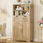 Iwell Tall Storage Cabinet, Fluted Cabinet with 2 Drawers & Adjustable Shelf, Bathroom Storage Cabinet, Kitchen Pantry Storage Cabinet, for Living Room, Dining Room, Home Office, Natural Oak - Image 2