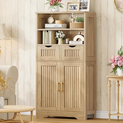 Iwell Tall Storage Cabinet, Fluted Cabinet with 2 Drawers & Adjustable Shelf, Bathroom Storage Cabinet, Kitchen Pantry Storage Cabinet, for Living Room, Dining Room, Home Office, Natural Oak - Image 2