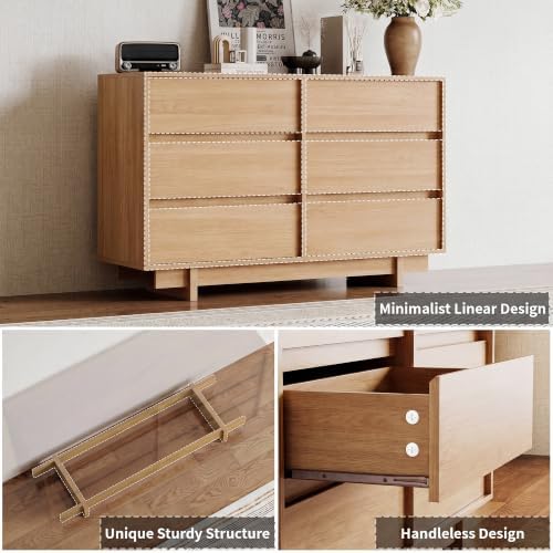 6 Drawer Oak Dresser for Bedroom, 47" Wide Mid Century Modern Dresser - Image 3