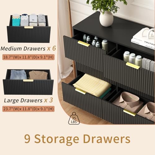 9 Drawer Fluted Dresser for Bedroom with Deep Drawers, Black丨63 Wide Wood Dresser, Large Chest of Drawers, Modern Long TV Stand, Storage Cabinet Side Table for Living Room, Hallway - Image 6