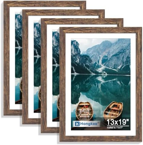 Hongkee 13x19 Picture Frame Set of 4, 13 x 19 Rustic Brown Wood(Mat 11x17) by Hongkee