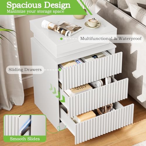 Fluted LED Night Stand with Charging Station, White - Image 4