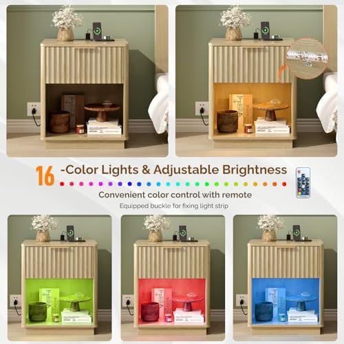 VINGLI Nightstand with Charging Station, LED Nightstand Fluted with Rounded Edge, 19" W Mid Century Modern Night Stand for Bedroom, Fluted Bed Side Table, Oak, 18.9" W*15" D*22.4" H - Image 5