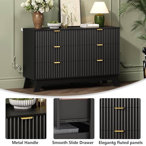 Wodeer 6 Drawer Fluted Dresser for Bedroom, Mid Century Modern Dresser with 6 Drawers, Dressers & Chests of Drawers with Metal Handle, TV Stand & Storage Organizer for Entryway, Hallway, Black - Image 5