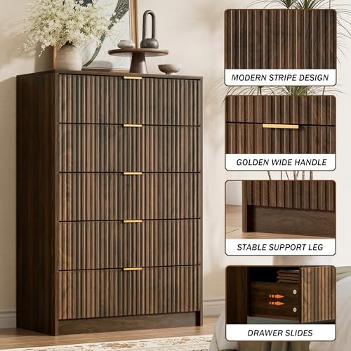Furniway Walnut Dresser for Bedroom, Tall Dresser with 5 Drawers and Smooth Slides, Modern Chest of Drawers with Golden Handles for Bedroom, Living Room, Closet, 15.7" D x 31.5" W x 47.2" H - Image 3