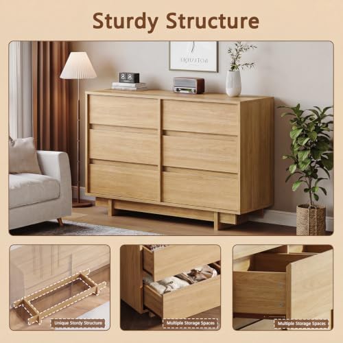 HOUROM Oak Dresser for Bedroom, 47in Modern 6 Drawer Chest of Drawers - Image 3