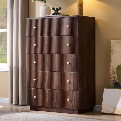 Fluted 5 Drawers Dresser for Bedroom, 45" Tall Modern Dressers & Chest of Drawers with Metal Handle, Wood Closet Clothes Storage Organizer,Storage Dressers Organizer for Hally/Living Room, Natural - Image 5