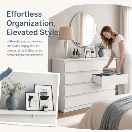 Spaco White 8 Drawer Dresser for Bedroom,Modern Deep Drawer Dresser,Wide Storage Chest of Drawer for Closet,Wood Storage Organizer Furniture for Living Room - Image 5