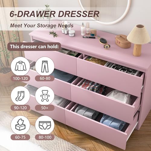 Spaco Pink Dresser for Bedroom,Modern 6 Drawer Dresser with Deep Drawer,Wide Storage Chest of Drawers,Bedroom Storage Organizer Furniture,TV Stand for Living Room - Image 6