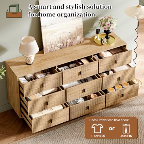 Chrangmay Modern Chest of Drawers with 9 Drawers,Deep Drawers,Clothes Organizer,Large Storage Cabinet for Living Room, Bedroom,Hallway,with Anti-Tipping Device,Natural - Image 4