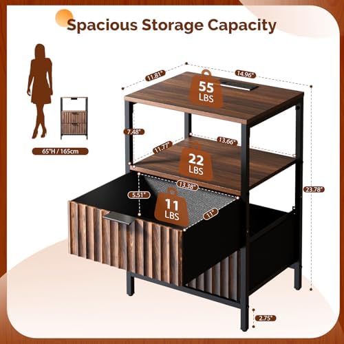 VINGLI Nightstands Set of 2 with Fabric Drawers, Walnut Nightstand with Charging Station, Night Stands Fluted Bedside Tables/End Tables with Charger Station, Side Table Bedroom, Small Night Stand - Image 2
