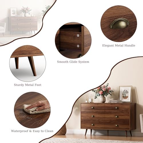 Walnut 6 Drawer Dresser for Bedroom, 47" Wood Dresser with Gold Handles. - Image 6